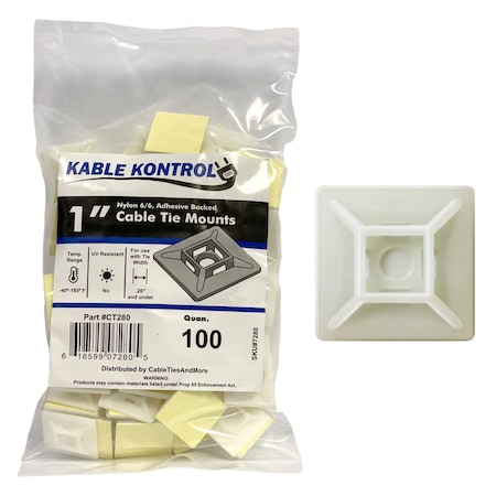 Kable Kontrol Adhesive Nylon Cable Tie Mounts - 1” Square - Natural - 100 Pack CT280